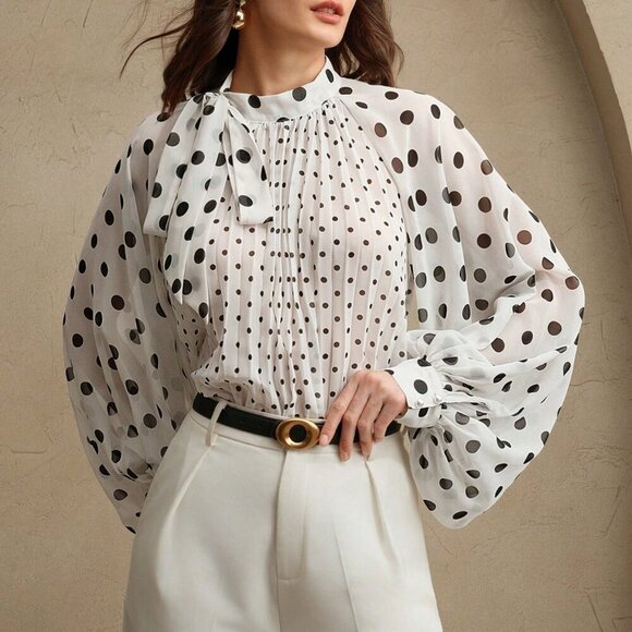 Elegant Women's Polka Dot Print Pleated detailed bow Tied stunning Blouse - Picture 1 of 7
